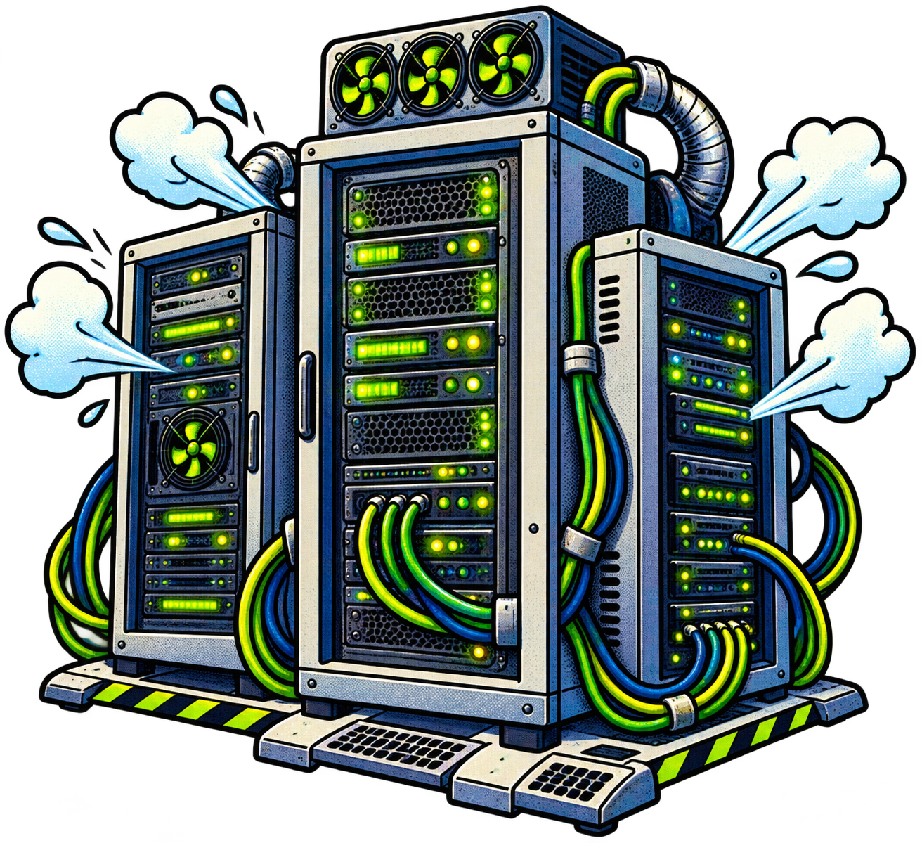 A cartoon cluster of data-center server racks with glowing cables