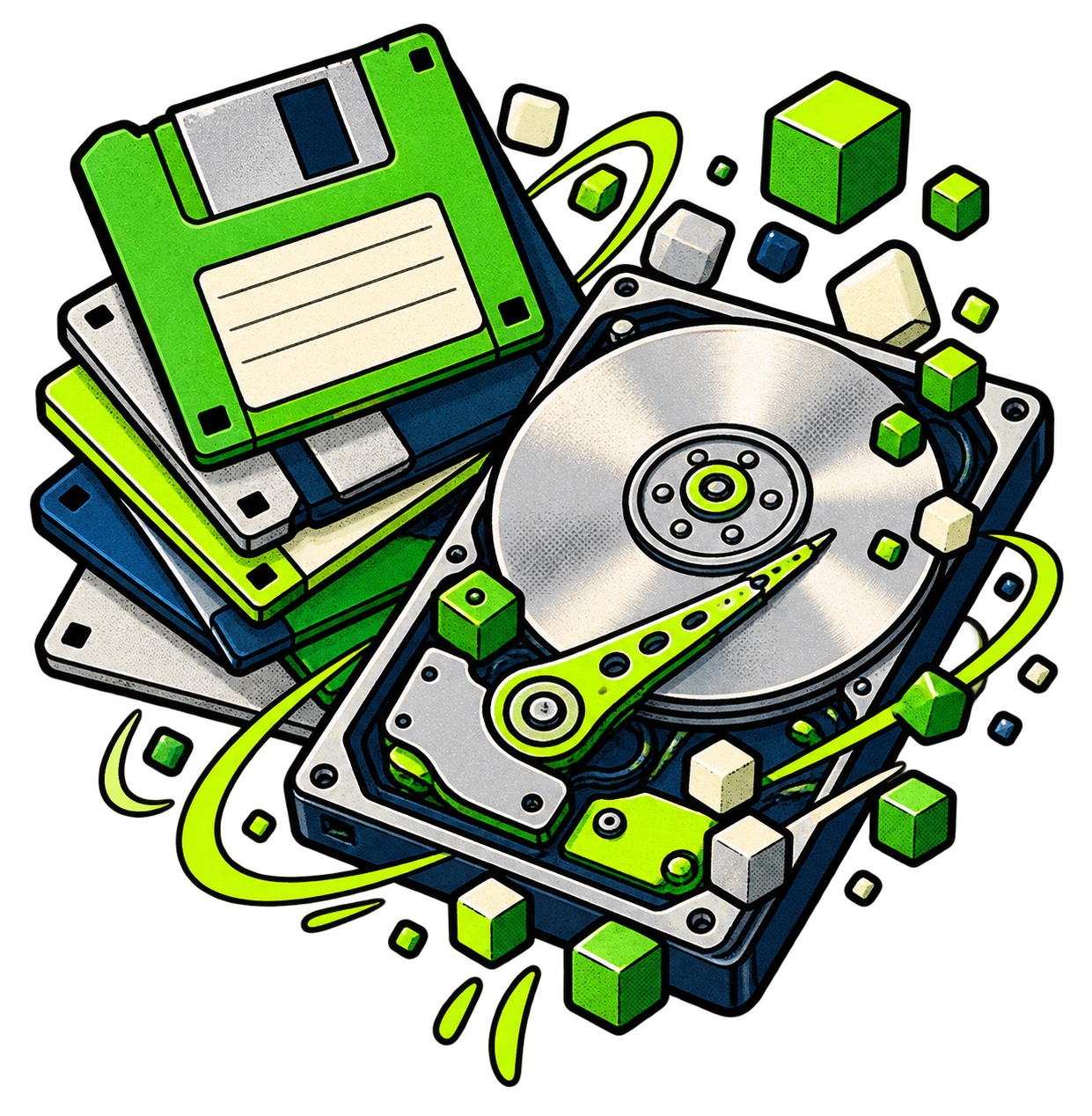 Cartoon floppy disks, a hard drive, and floating digital storage cubes