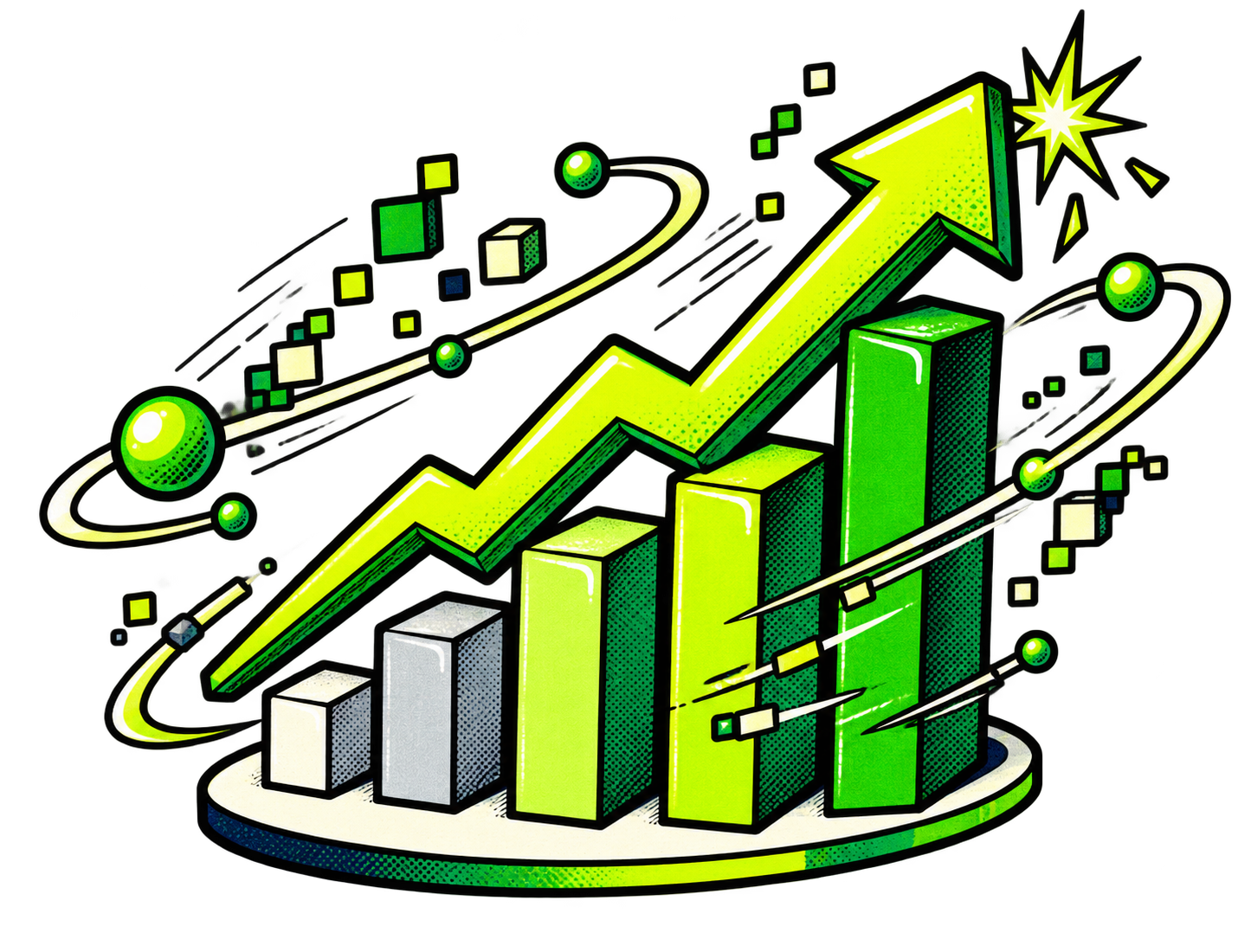 A cartoon data chart rising sharply through orbiting pixels