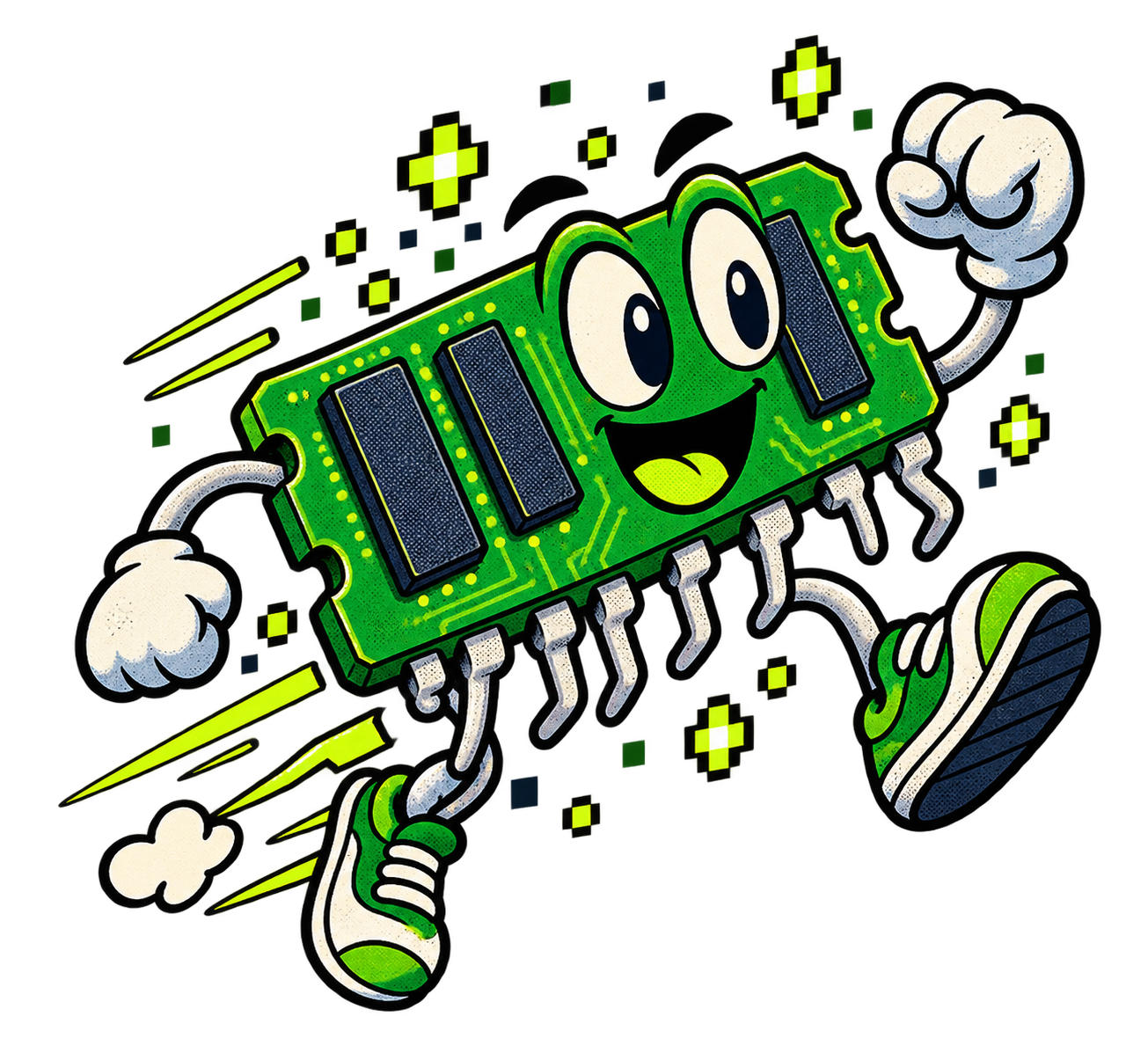 A cartoon computer memory chip running through floating data pixels